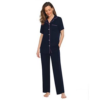 Ekouaer Womens Pajamas Set Button Down Sleepwear Short Sleeve Nightwear with Long Pants Pajamas Set