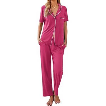 Ekouaer Womens Pajamas Set Button Down Sleepwear Short Sleeve Nightwear with Long Pants Pajamas Set
