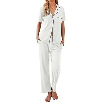 Ekouaer Womens Pajamas Set Button Down Sleepwear Short Sleeve Nightwear with Long Pants Pajamas Set