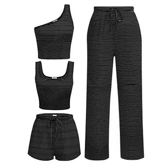 Ekouaer Womens 4 pc Lounge Sets Ribbed Knit Crop Tank Top and Shorts Pants Casual Outfits