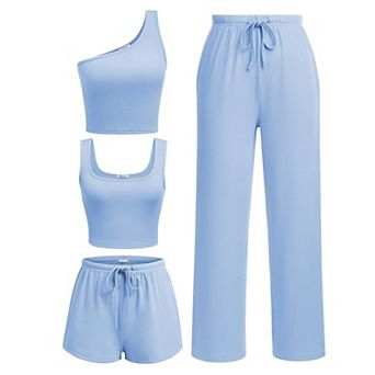 Ekouaer Womens 4 pc Lounge Sets Ribbed Knit Crop Tank Top and Shorts Pants Casual Outfits
