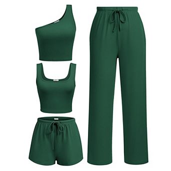 Ekouaer Womens 4 pc Lounge Sets Ribbed Knit Crop Tank Top and Shorts Pants Casual Outfits
