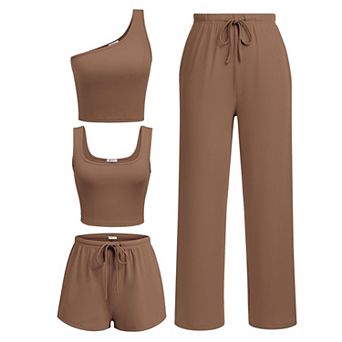 Ekouaer Womens 4 pc Lounge Sets Ribbed Knit Crop Tank Top and Shorts Pants Casual Outfits