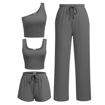 Ekouaer Womens 4 pc Lounge Sets Ribbed Knit Crop Tank Top and Shorts Pants Casual Outfits
