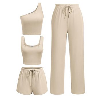 Ekouaer Womens 4 pc Lounge Sets Ribbed Knit Crop Tank Top and Shorts Pants Casual Outfits