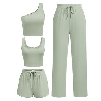 Ekouaer Womens 4 pc Lounge Sets Ribbed Knit Crop Tank Top and Shorts Pants Casual Outfits