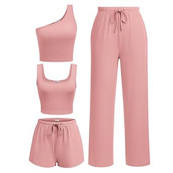 Ekouaer Womens 4 pc Lounge Sets Ribbed Knit Crop Tank Top and Shorts Pants Casual Outfits