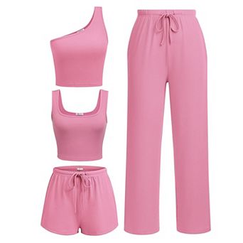 Ekouaer Womens 4 pc Lounge Sets Ribbed Knit Crop Tank Top and Shorts Pants Casual Outfits
