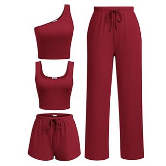 Ekouaer Womens 4 pc Lounge Sets Ribbed Knit Crop Tank Top and Shorts Pants Casual Outfits
