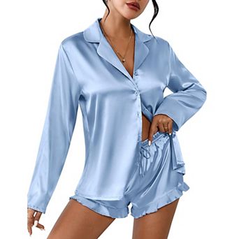 Ekouaer Womens Satin Pajama Sets Long Sleeve Top and Shorts Lounge Set Button Down Sleepwear