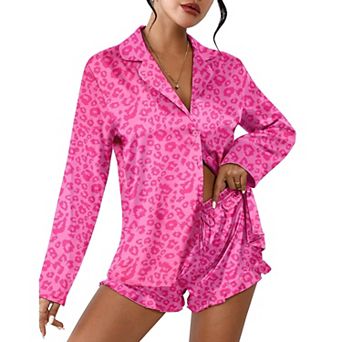 Ekouaer Womens Satin Pajama Sets Long Sleeve Top and Shorts Lounge Set Button Down Sleepwear