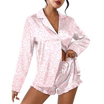Ekouaer Womens Satin Pajama Sets Long Sleeve Top and Shorts Lounge Set Button Down Sleepwear
