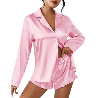 Ekouaer Womens Satin Pajama Sets Long Sleeve Top and Shorts Lounge Set Button Down Sleepwear