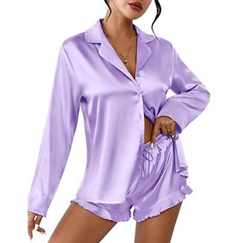 Ekouaer Womens Satin Pajama Sets Long Sleeve Top and Shorts Lounge Set Button Down Sleepwear