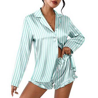 Ekouaer Womens Satin Pajama Sets Long Sleeve Top and Shorts Lounge Set Button Down Sleepwear