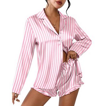 Ekouaer Womens Satin Pajama Sets Long Sleeve Top and Shorts Lounge Set Button Down Sleepwear