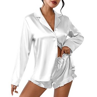 Ekouaer Womens Satin Pajama Sets Long Sleeve Top and Shorts Lounge Set Button Down Sleepwear