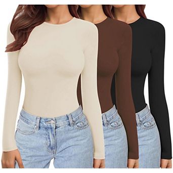 Ekouaer Womens Three Pack Long Sleeve Shirts Crew Neck Stretch Fitted Undershirts Tops Thermal Tee