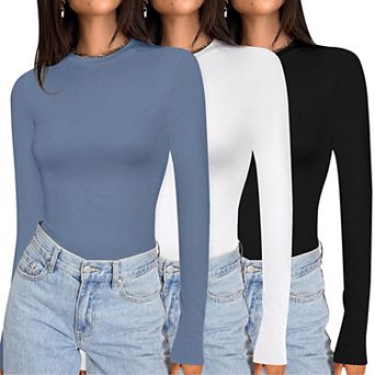 Ekouaer Womens Three Pack Long Sleeve Shirts Crew Neck Stretch Fitted Undershirts Tops Thermal Tee