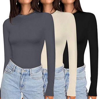 Ekouaer Womens Three Pack Long Sleeve Shirts Crew Neck Stretch Fitted Undershirts Tops Thermal Tee