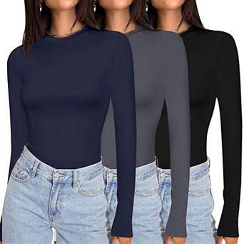 Ekouaer Womens Three Pack Long Sleeve Shirts Crew Neck Stretch Fitted Undershirts Tops Thermal Tee