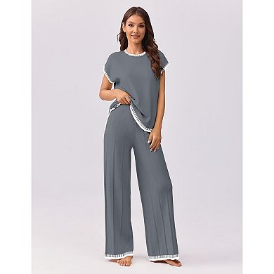 Ekouaer Womens Matching Sets Knit Sweater Sets 2 Pieces Outfits Pullover Tops Wide Legs Pants