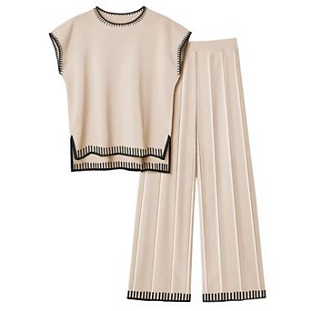 Ekouaer Womens Matching Sets Knit Sweater Sets 2 pc Outfits Pullover Tops Wide Legs Pants