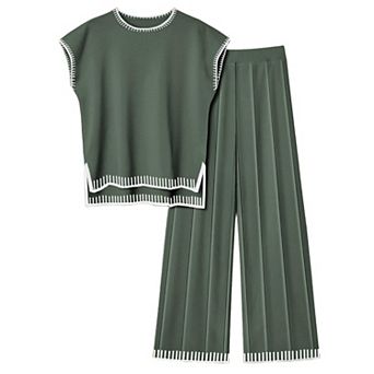 Ekouaer Womens Matching Sets Knit Sweater Sets 2 pc Outfits Pullover Tops Wide Legs Pants