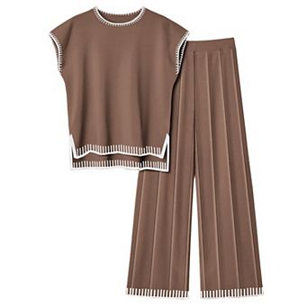 Ekouaer Womens Matching Sets Knit Sweater Sets 2 pc Outfits Pullover Tops Wide Legs Pants
