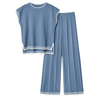 Ekouaer Womens Matching Sets Knit Sweater Sets 2 pc Outfits Pullover Tops Wide Legs Pants