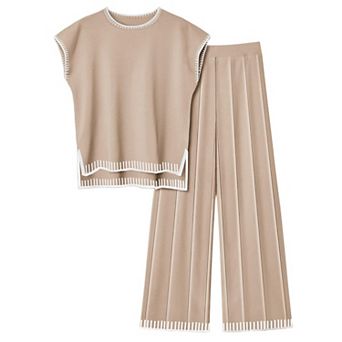 Ekouaer Womens Matching Sets Knit Sweater Sets 2 pc Outfits Pullover Tops Wide Legs Pants