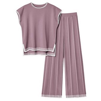 Ekouaer Womens Matching Sets Knit Sweater Sets 2 pc Outfits Pullover Tops Wide Legs Pants