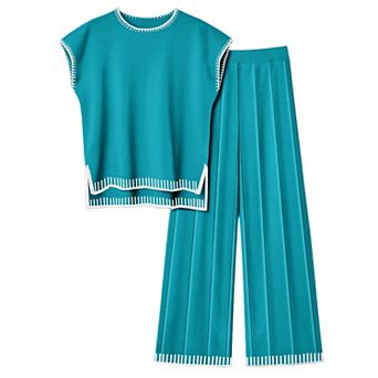 Ekouaer Womens Matching Sets Knit Sweater Sets 2 pc Outfits Pullover Tops Wide Legs Pants