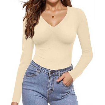 Ekouaer Long Sleeve Shirts Fashion V Neck Basics Tops Lightweight Base Layer Slim Fit Top