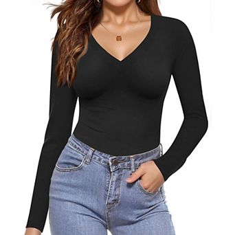 Ekouaer Long Sleeve Shirts Fashion V Neck Basics Tops Lightweight Base Layer Slim Fit Top