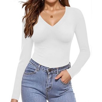 Ekouaer Long Sleeve Shirts Fashion V Neck Basics Tops Lightweight Base Layer Slim Fit Top