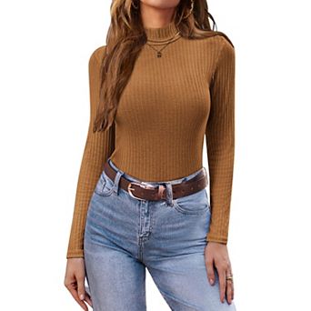 Ekouaer Womens Mock Turtleneck Long Sleeve Shirts Ribbed Knit Sweater Stretch Fitted Thermal Top