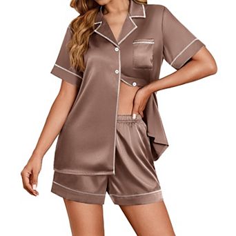 Ekouaer Womens Satin Silk Pajamas Set Short Sleeve Sleepwear Button Down Top and Shorts Loungewear