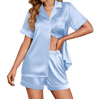 Ekouaer Womens Satin Silk Pajamas Set Short Sleeve Sleepwear Button Down Top and Shorts Loungewear