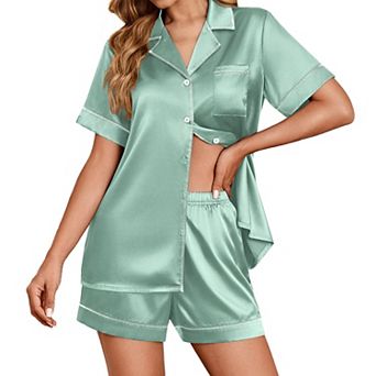 Ekouaer Womens Satin Silk Pajamas Set Short Sleeve Sleepwear Button Down Top and Shorts Loungewear