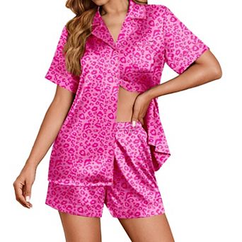 Ekouaer Womens Satin Silk Pajamas Set Short Sleeve Sleepwear Button Down Top and Shorts Loungewear