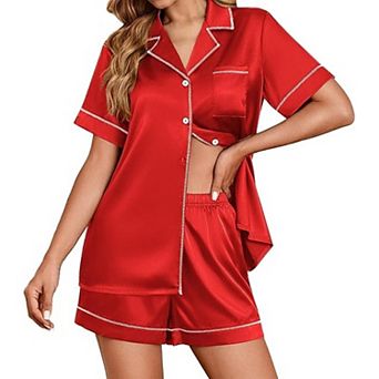 Ekouaer Womens Satin Silk Pajamas Set Short Sleeve Sleepwear Button Down Top and Shorts Loungewear