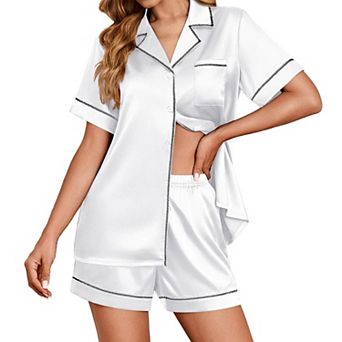 Ekouaer Womens Satin Silk Pajamas Set Short Sleeve Sleepwear Button Down Top and Shorts Loungewear
