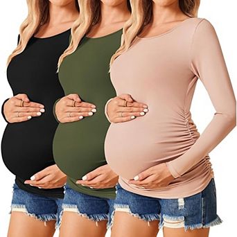Ekouaer Three Pack Maternity Top Side Ruched Pregnancy T Shirts Sleeve New Mom Clothes