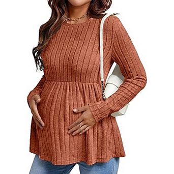 Ekouaer Womens Maternity Tops Long Sleeve Pregnancy Tunic Blouses Crew Neck Shirts Pregnant Clothes