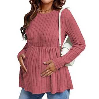Ekouaer Womens Maternity Tops Long Sleeve Pregnancy Tunic Blouses Crew Neck Shirts Pregnant Clothes