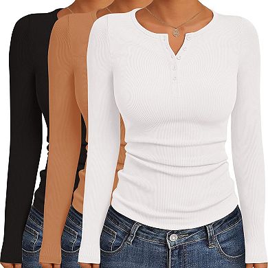 Ekouaer Womens Long Sleeve Shirts Three Pack Henley Button Down Tops Slim Fit Base Layer Tee