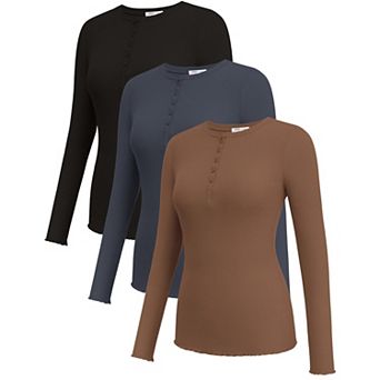 Ekouaer Womens Long Sleeve Shirts Three Pack Henley Button Down Tops Slim Fit Base Layer Tee