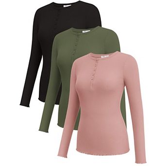Ekouaer Womens Long Sleeve Shirts Three Pack Henley Button Down Tops Slim Fit Base Layer Tee
