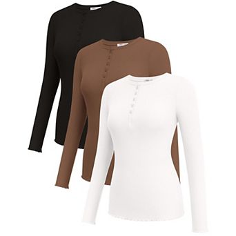 Ekouaer Womens Long Sleeve Shirts Three Pack Henley Button Down Tops Slim Fit Base Layer Tee